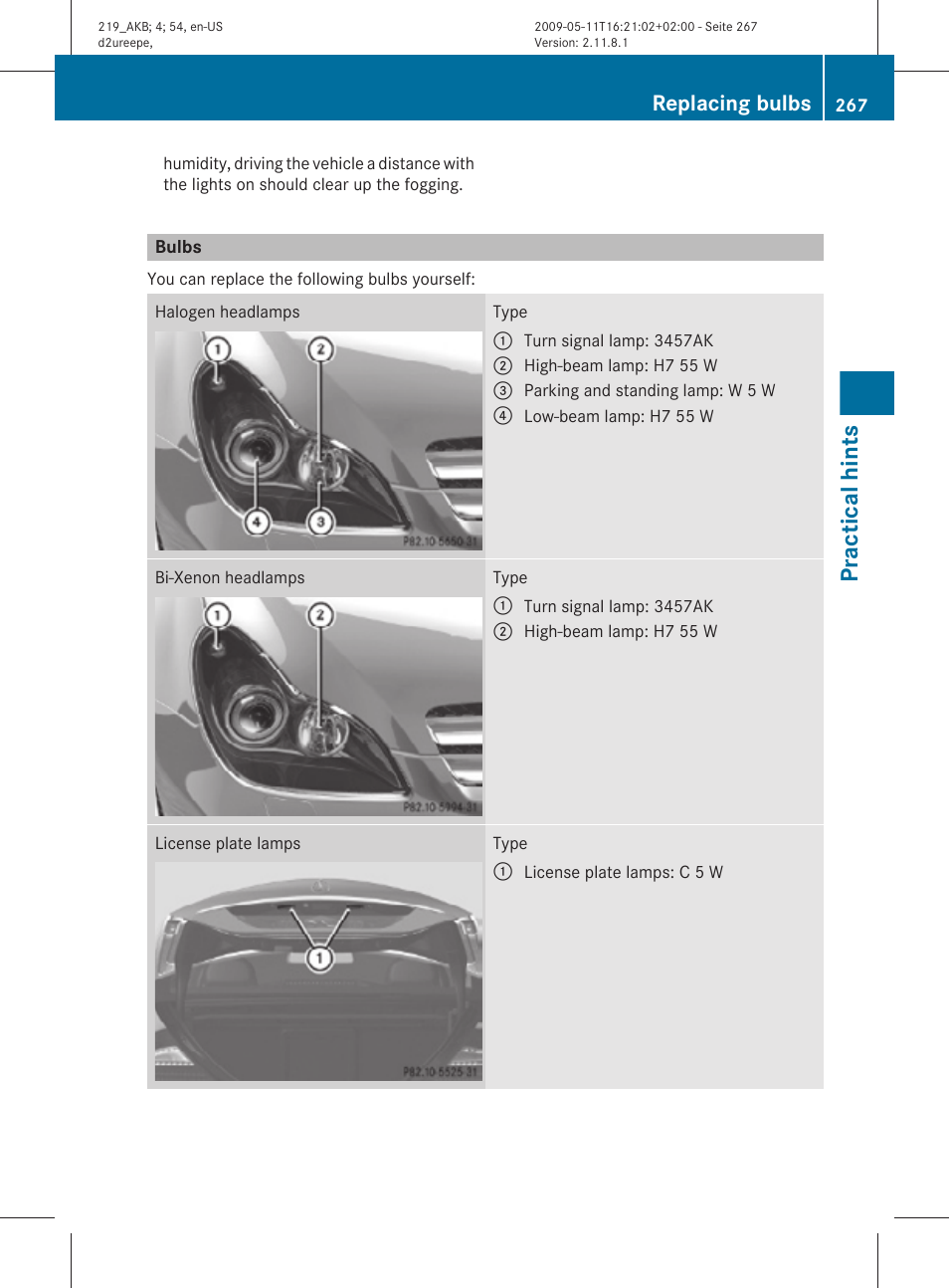 Bulbs, Practical hints, Replacing bulbs | Mercedes-Benz CLS-Class 2011 Owners Manual User Manual | Page 269 / 308