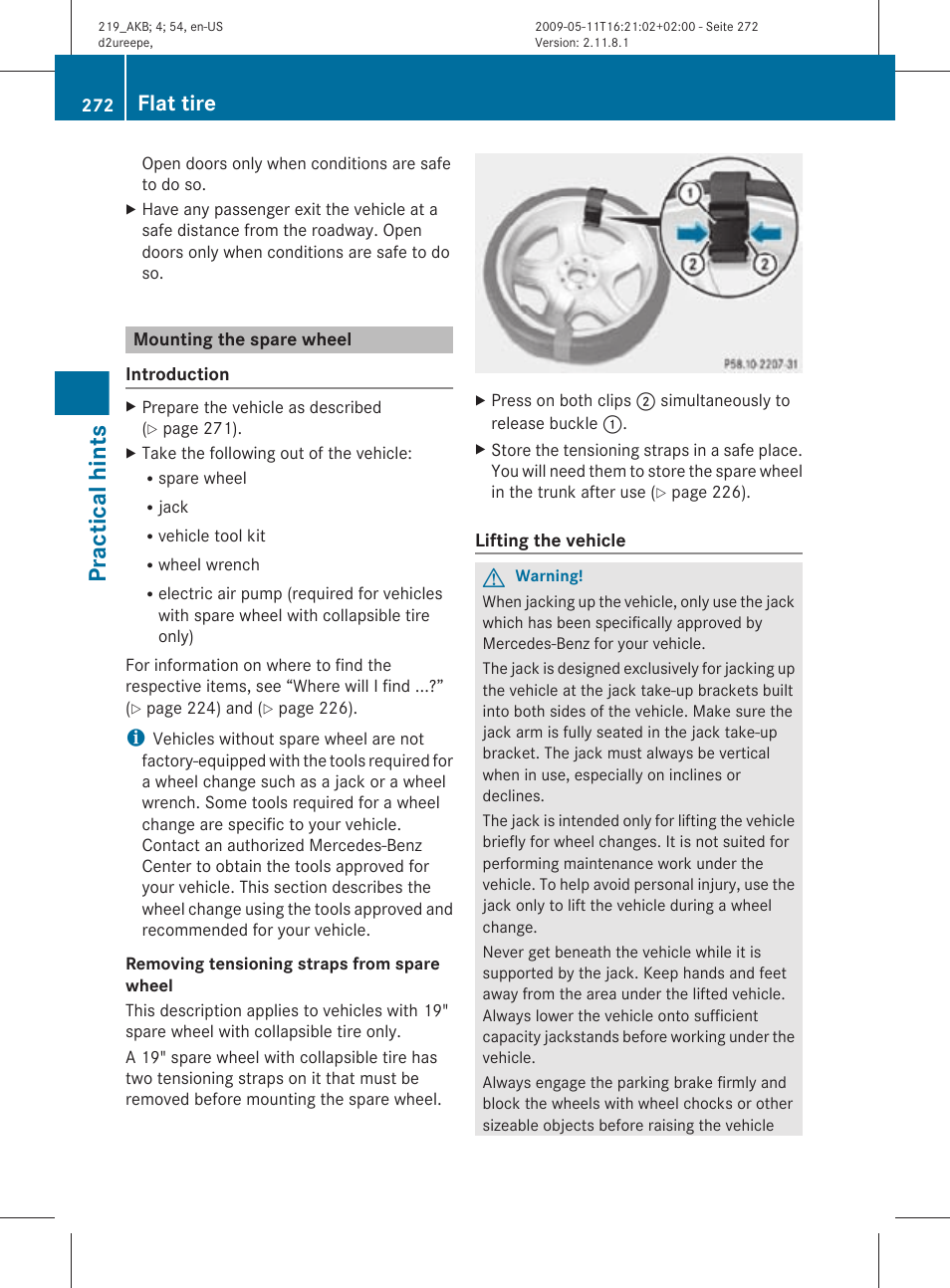 Mounting the spare wheel, The vehicle, Practical hints | Flat tire | Mercedes-Benz CLS-Class 2011 Owners Manual User Manual | Page 274 / 308