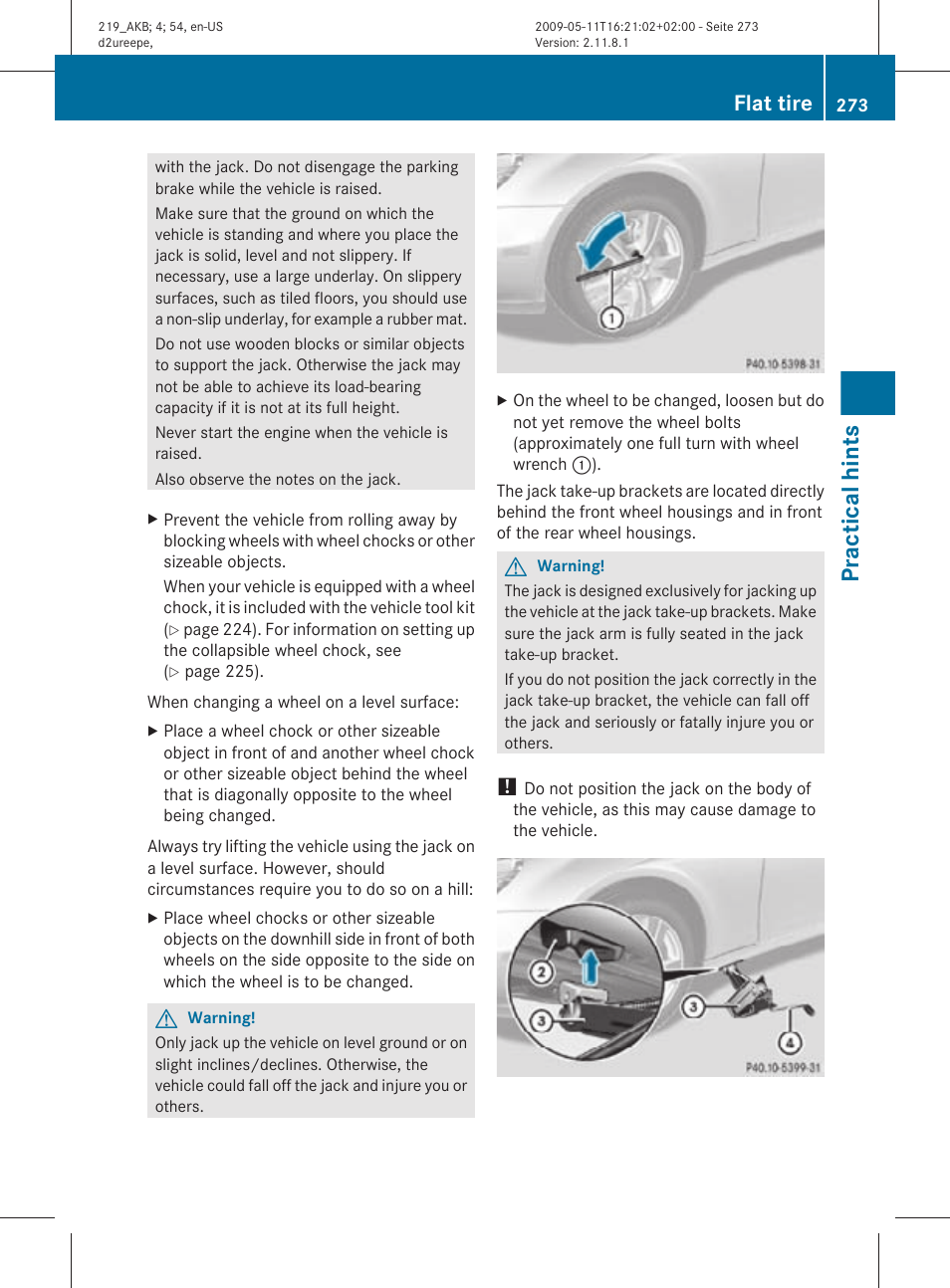 Practical hints, Flat tire | Mercedes-Benz CLS-Class 2011 Owners Manual User Manual | Page 275 / 308