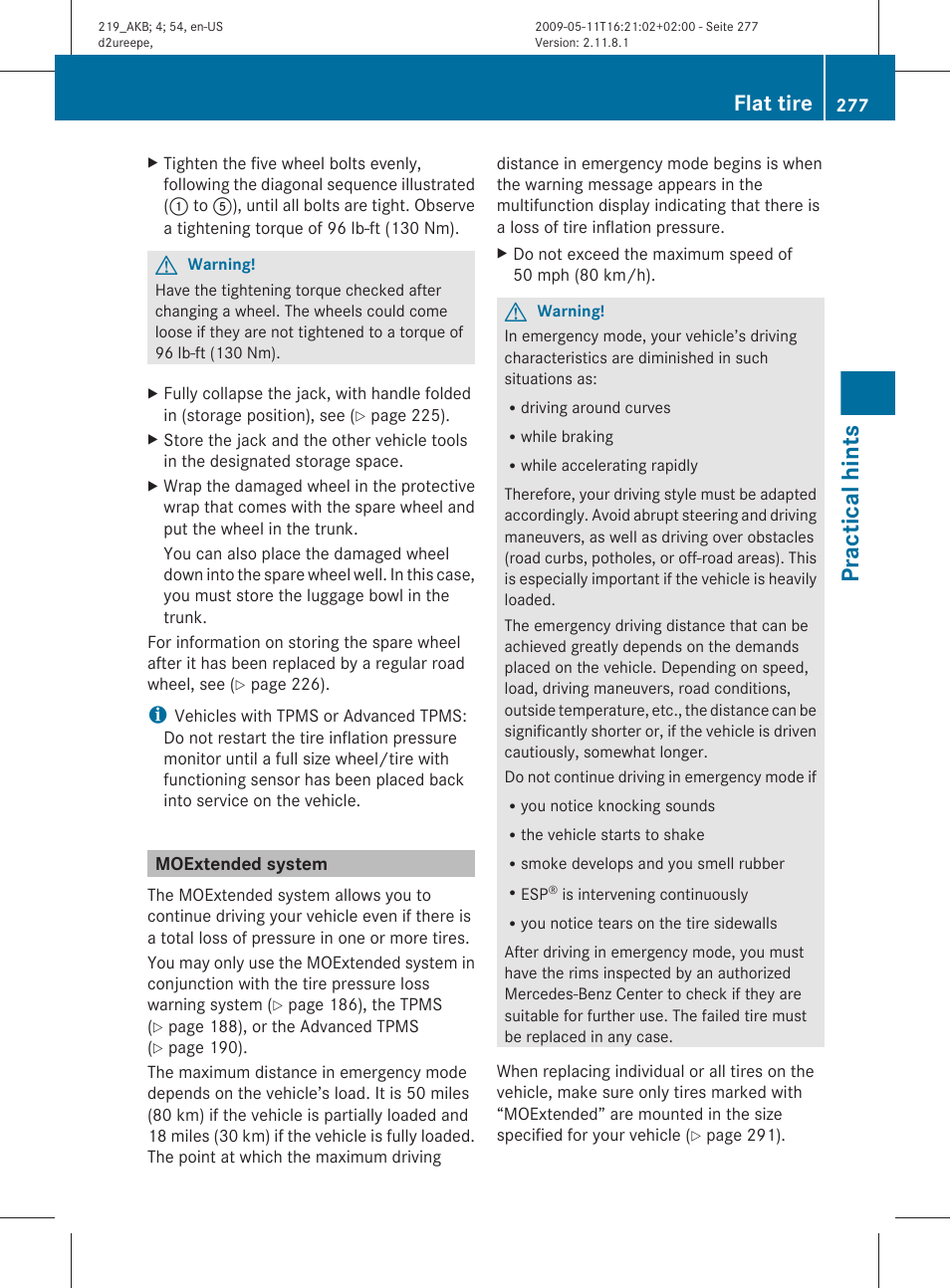 Moextended system, Practical hints, Flat tire | Mercedes-Benz CLS-Class 2011 Owners Manual User Manual | Page 279 / 308