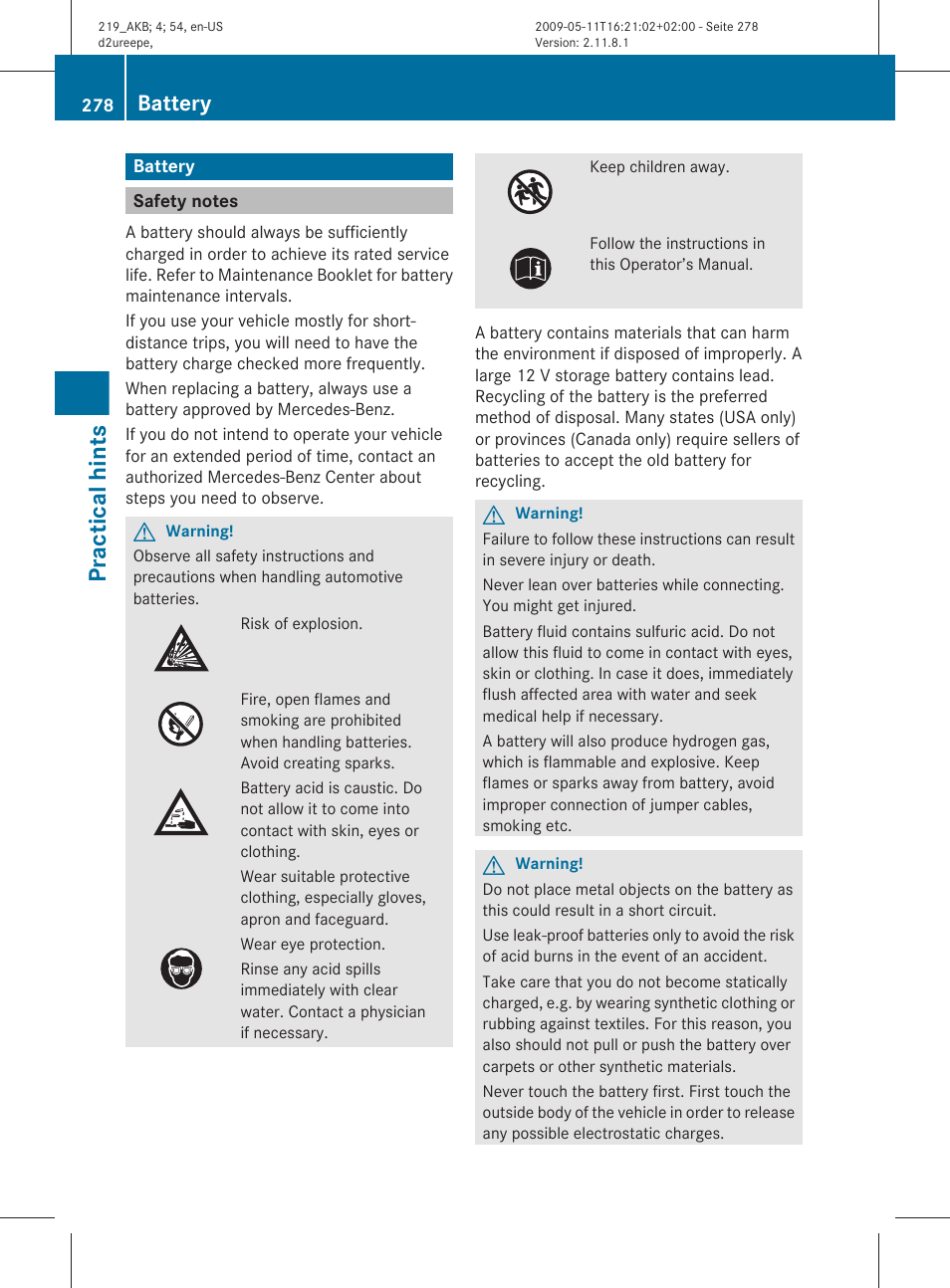 Battery, Safety notes, Practical hints | Mercedes-Benz CLS-Class 2011 Owners Manual User Manual | Page 280 / 308