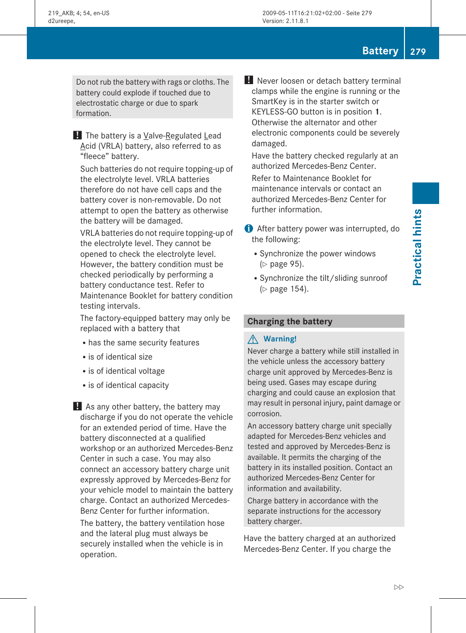 Charging the battery, Necessary, Practical hints | Battery | Mercedes-Benz CLS-Class 2011 Owners Manual User Manual | Page 281 / 308