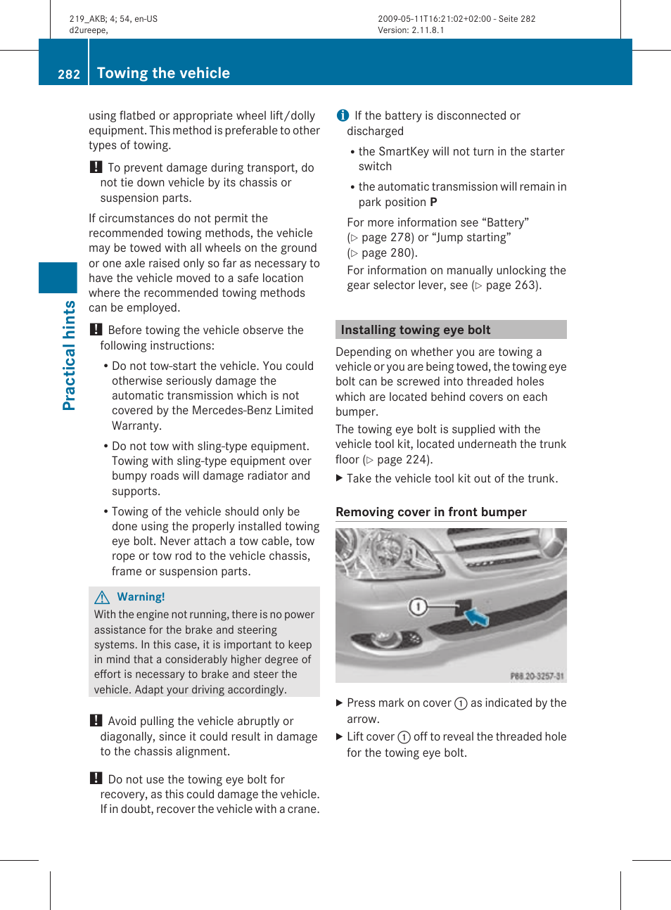 Installing towing eye bolt, Practical hints, Towing the vehicle | Mercedes-Benz CLS-Class 2011 Owners Manual User Manual | Page 284 / 308
