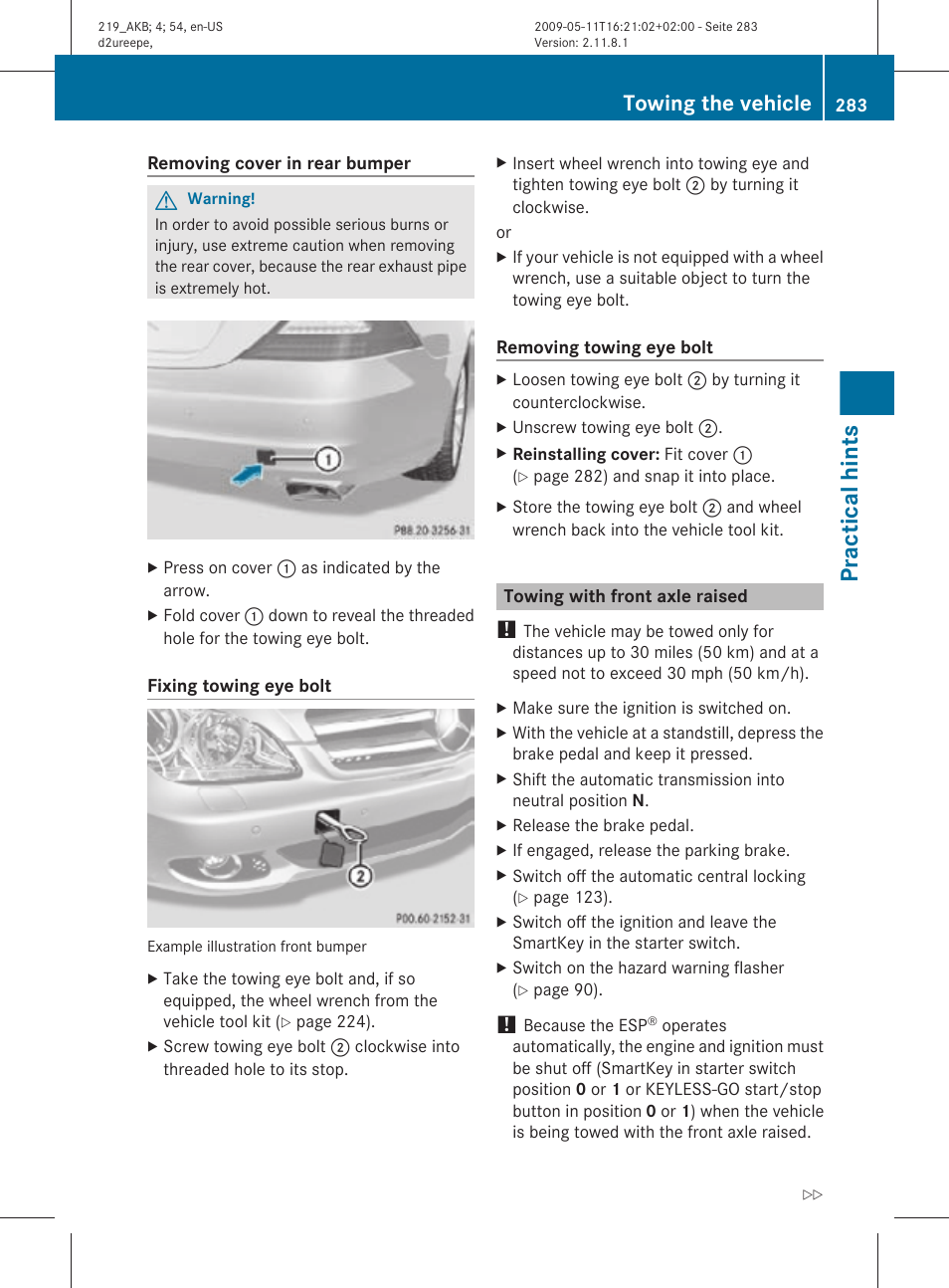 Towing with front axle raised, Practical hints, Towing the vehicle | Mercedes-Benz CLS-Class 2011 Owners Manual User Manual | Page 285 / 308
