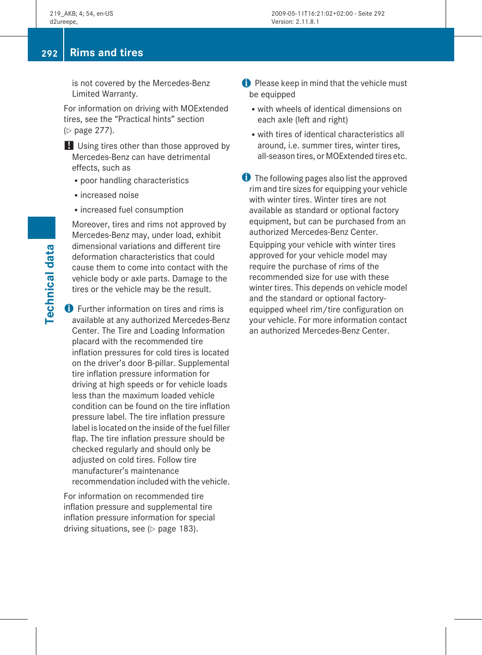 Technical data, Rims and tires | Mercedes-Benz CLS-Class 2011 Owners Manual User Manual | Page 294 / 308