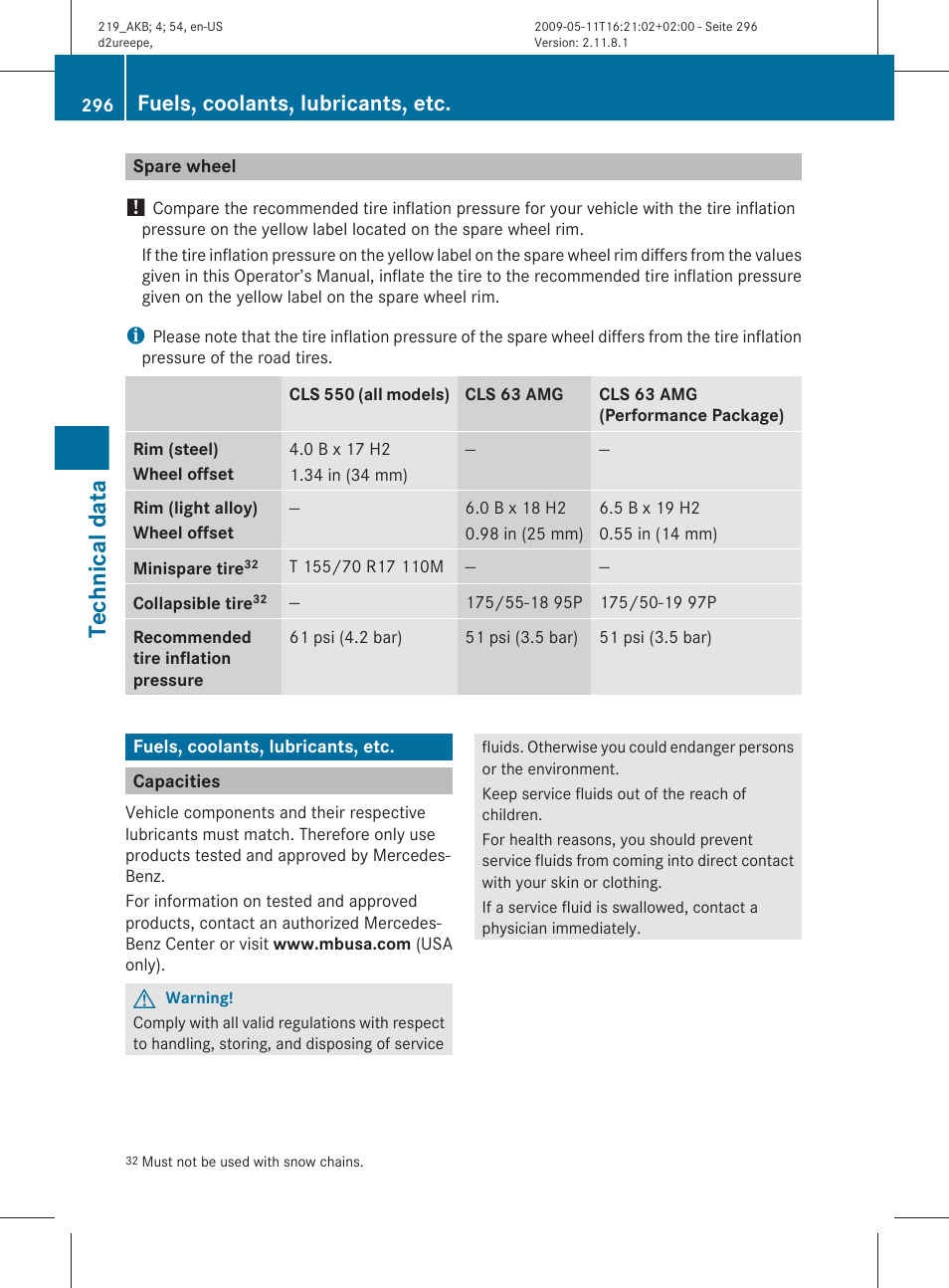Spare wheel, Fuels, coolants, lubricants, etc, Capacities | Coolants, lubricants, etc, Technical data” section, Operator’s manual, Specified for your vehicle, Technical data | Mercedes-Benz CLS-Class 2011 Owners Manual User Manual | Page 298 / 308