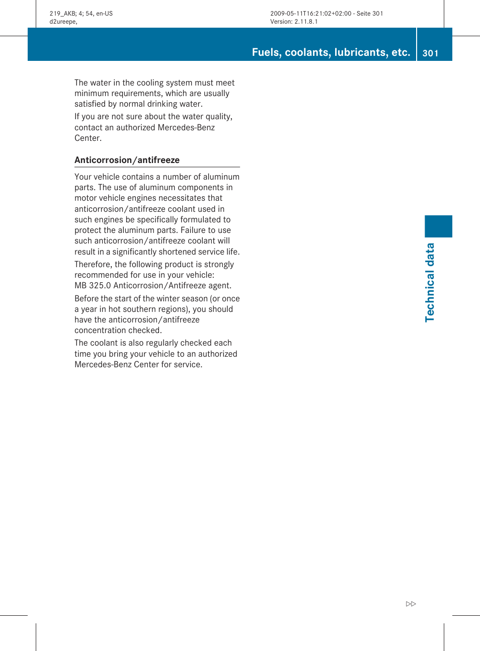 Technical data, Fuels, coolants, lubricants, etc | Mercedes-Benz CLS-Class 2011 Owners Manual User Manual | Page 303 / 308