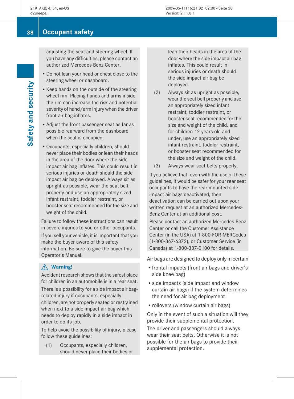 Safety and security, Occupant safety | Mercedes-Benz CLS-Class 2011 Owners Manual User Manual | Page 40 / 308