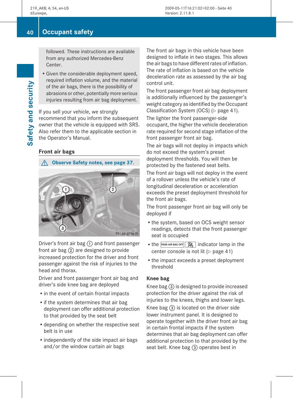Safety and security, Occupant safety | Mercedes-Benz CLS-Class 2011 Owners Manual User Manual | Page 42 / 308