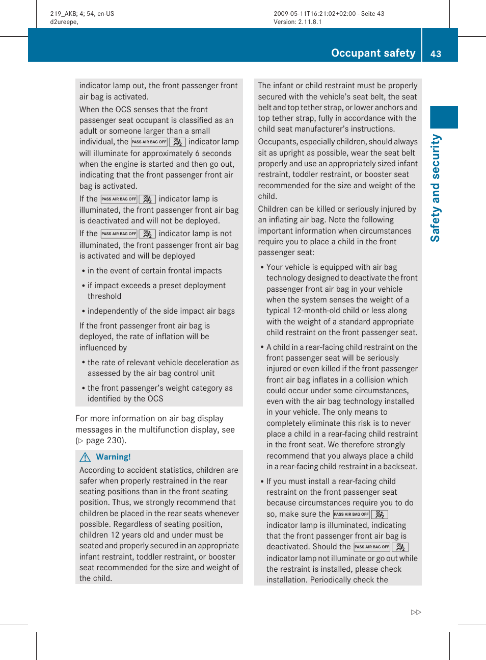 Safety and security, Occupant safety | Mercedes-Benz CLS-Class 2011 Owners Manual User Manual | Page 45 / 308