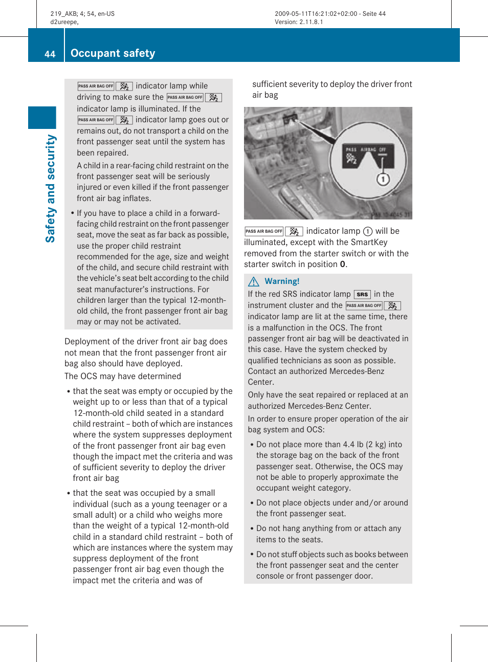 Safety and security, Occupant safety | Mercedes-Benz CLS-Class 2011 Owners Manual User Manual | Page 46 / 308