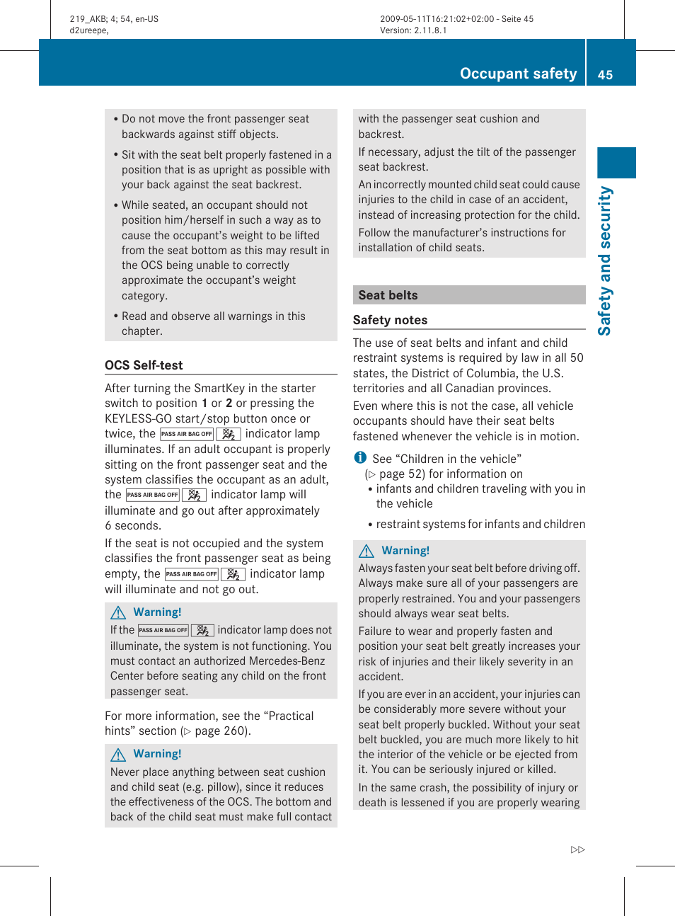 Seat belts, Safety and security, Occupant safety | Mercedes-Benz CLS-Class 2011 Owners Manual User Manual | Page 47 / 308