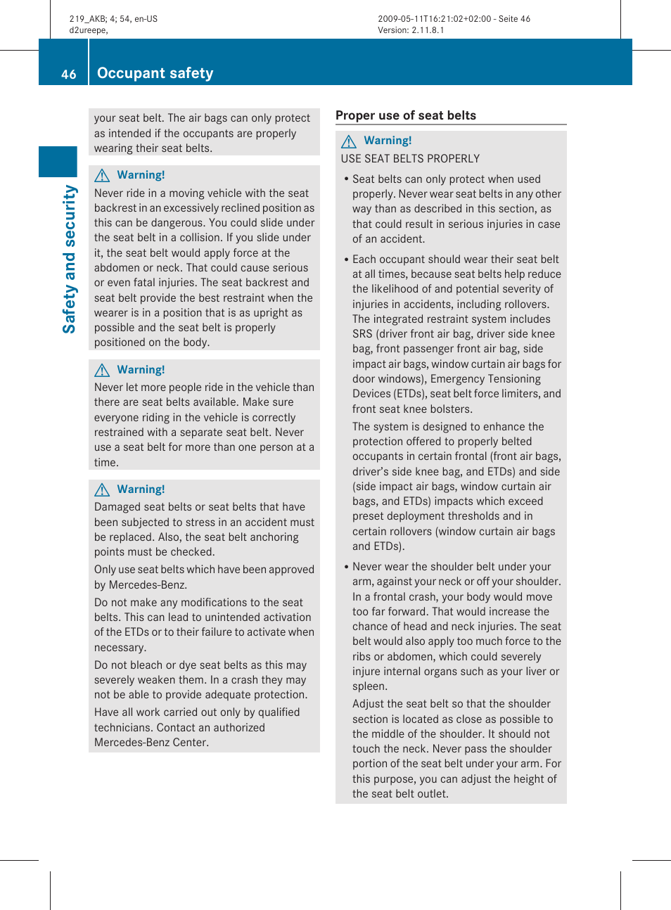 Safety and security, Occupant safety | Mercedes-Benz CLS-Class 2011 Owners Manual User Manual | Page 48 / 308