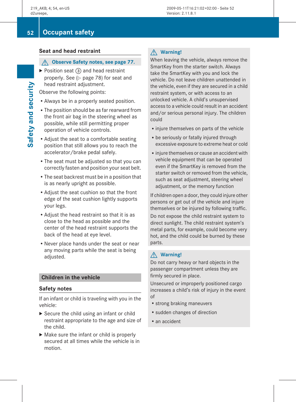 Children in the vehicle, Safety and security, Occupant safety | Mercedes-Benz CLS-Class 2011 Owners Manual User Manual | Page 54 / 308