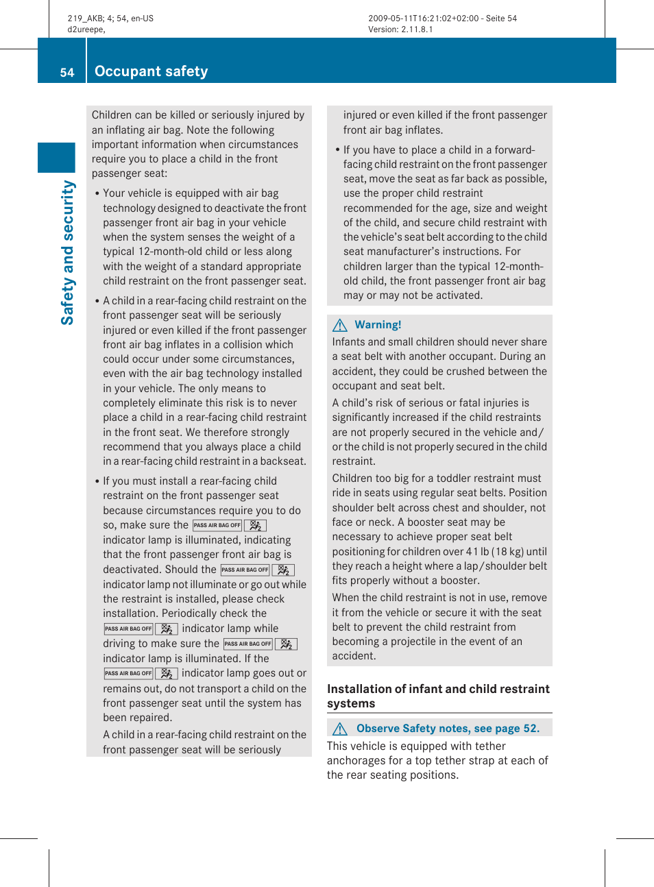 Safety and security, Occupant safety | Mercedes-Benz CLS-Class 2011 Owners Manual User Manual | Page 56 / 308