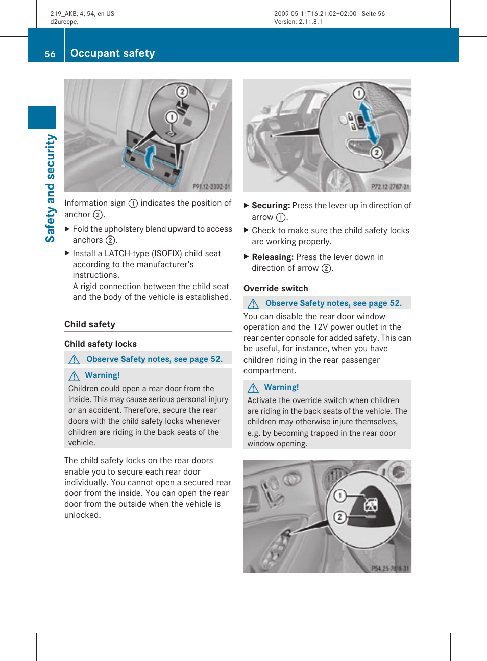 Safety and security, Occupant safety | Mercedes-Benz CLS-Class 2011 Owners Manual User Manual | Page 58 / 308