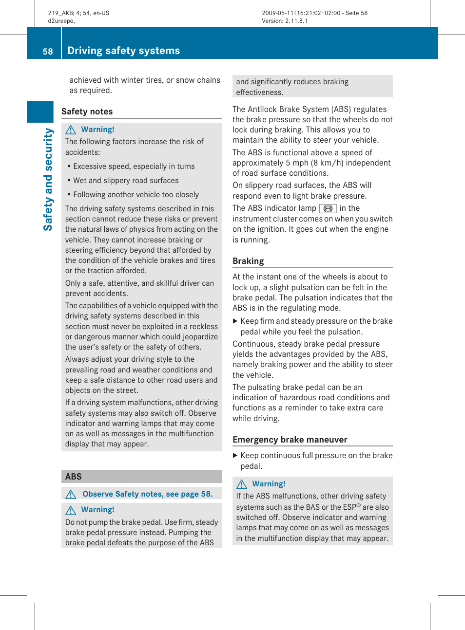 Safety and security, Driving safety systems | Mercedes-Benz CLS-Class 2011 Owners Manual User Manual | Page 60 / 308