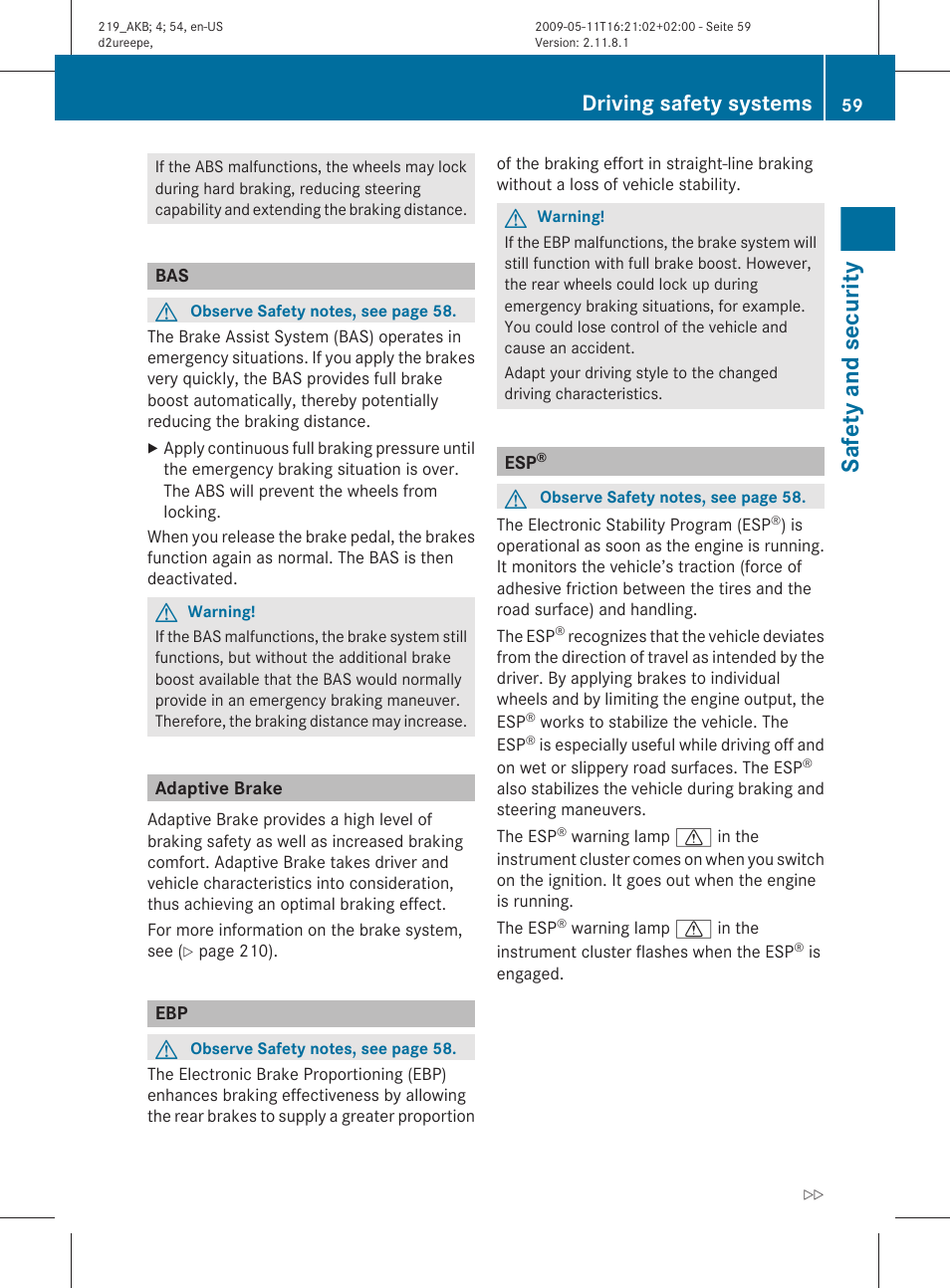 Adaptive brake, Safety and security, Driving safety systems | Mercedes-Benz CLS-Class 2011 Owners Manual User Manual | Page 61 / 308