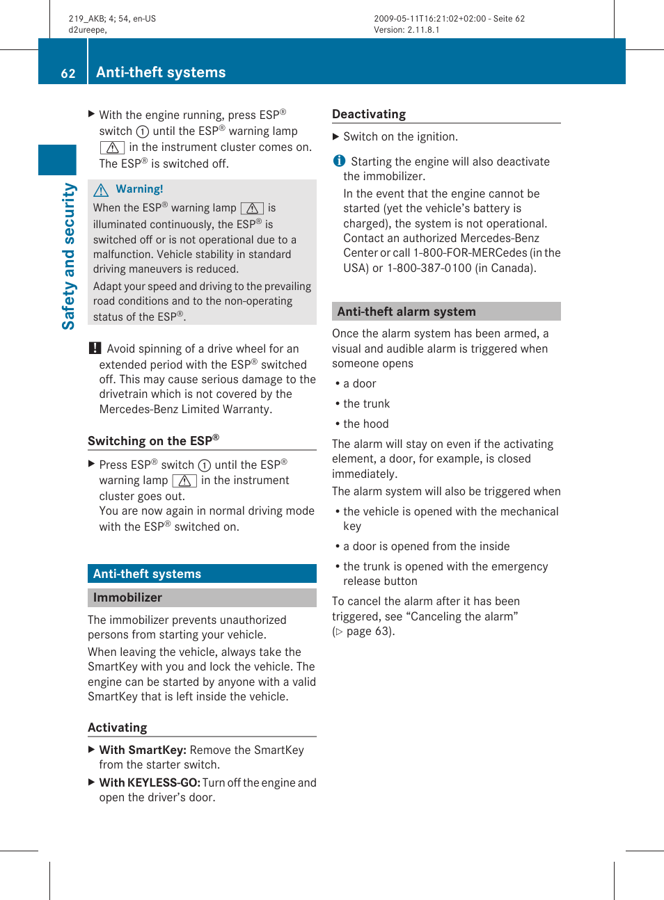 Anti-theft systems, Immobilizer, Anti-theft alarm system | Safety and security | Mercedes-Benz CLS-Class 2011 Owners Manual User Manual | Page 64 / 308