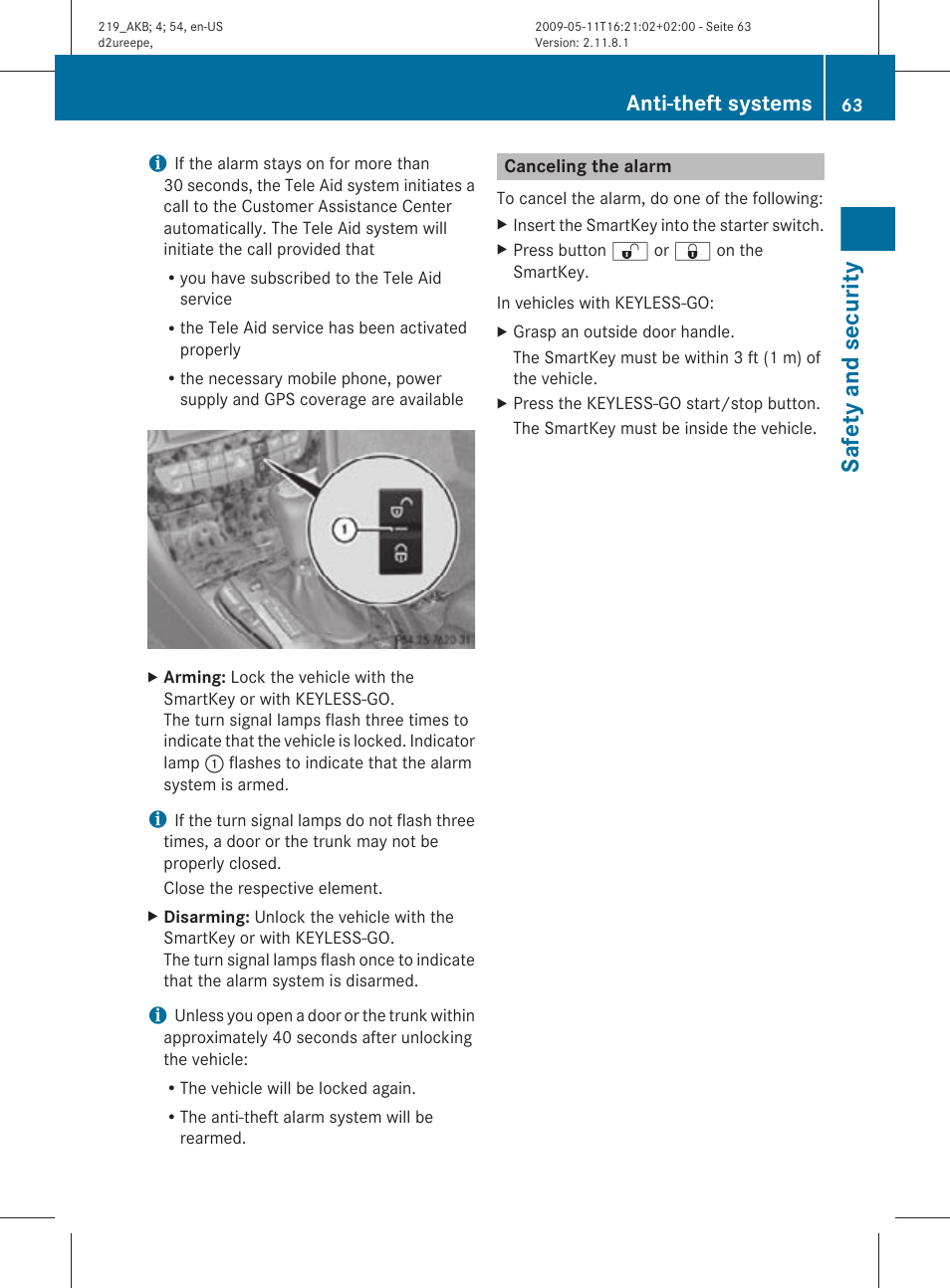Canceling the alarm, Safety and security, Anti-theft systems | Mercedes-Benz CLS-Class 2011 Owners Manual User Manual | Page 65 / 308