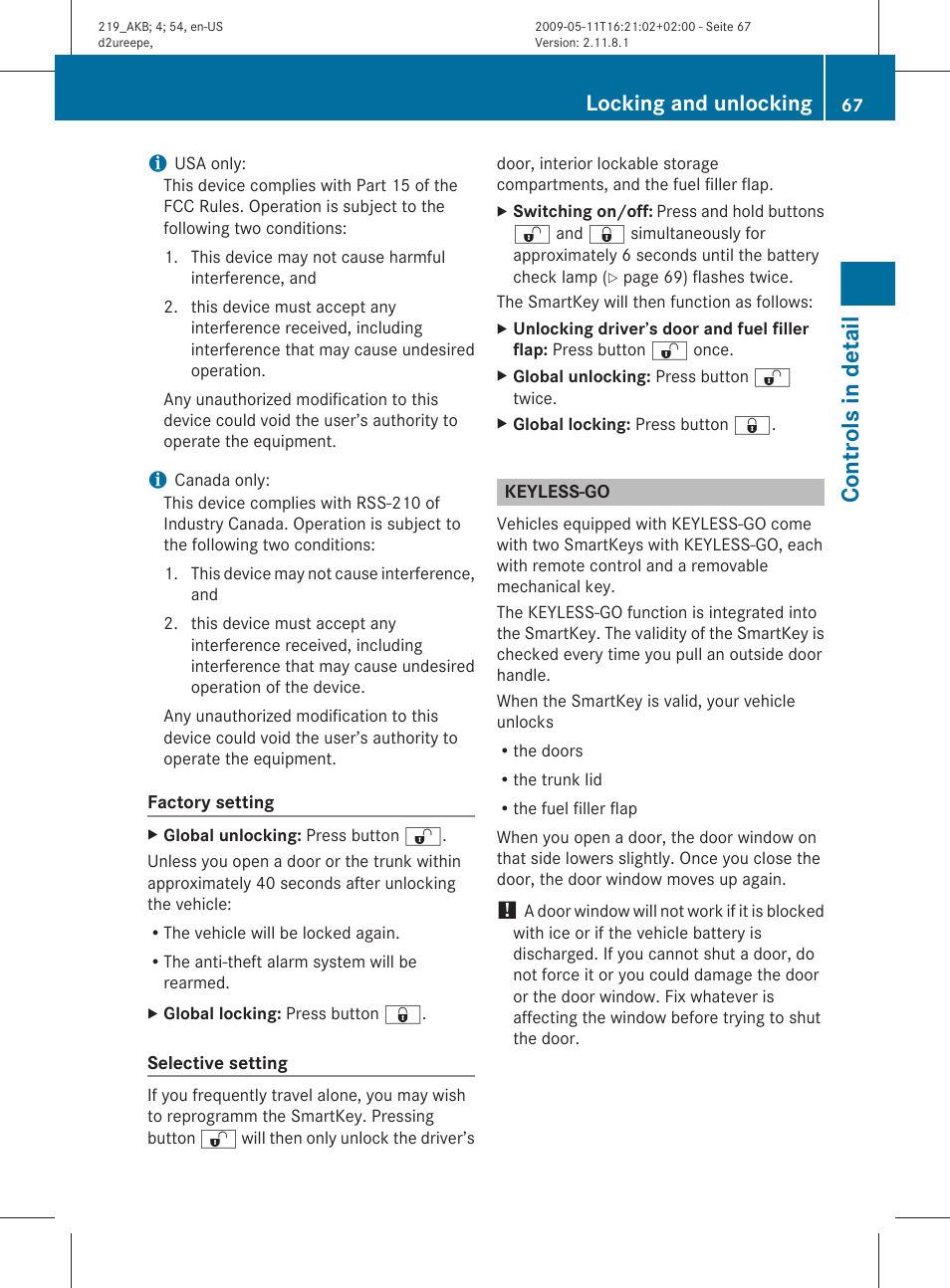 Keyless-go, Controls in detail, Locking and unlocking | Mercedes-Benz CLS-Class 2011 Owners Manual User Manual | Page 69 / 308