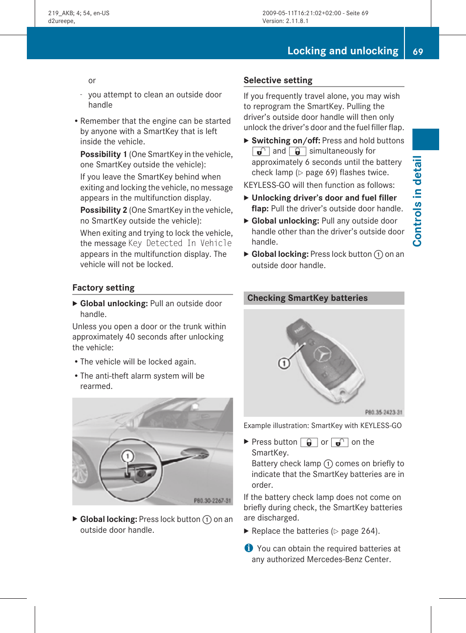 Checking smartkey batteries, Controls in detail, Locking and unlocking | Mercedes-Benz CLS-Class 2011 Owners Manual User Manual | Page 71 / 308