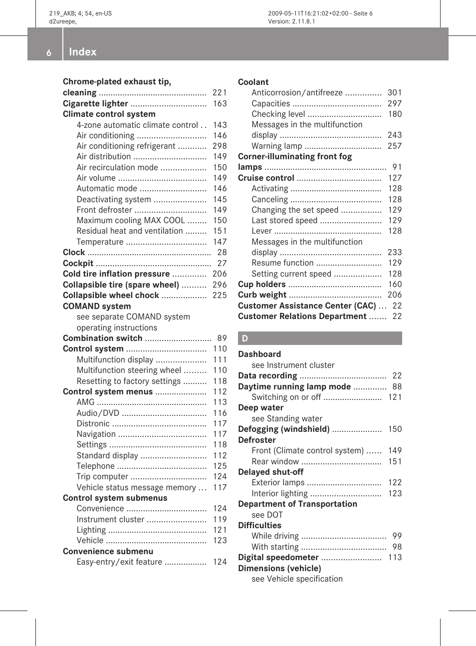 Index | Mercedes-Benz CLS-Class 2011 Owners Manual User Manual | Page 8 / 308