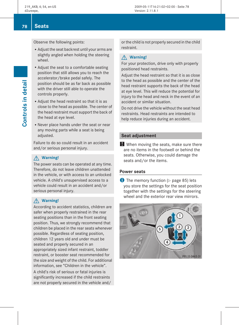 Seat adjustment, Properly. see, Controls in detail | Seats | Mercedes-Benz CLS-Class 2011 Owners Manual User Manual | Page 80 / 308