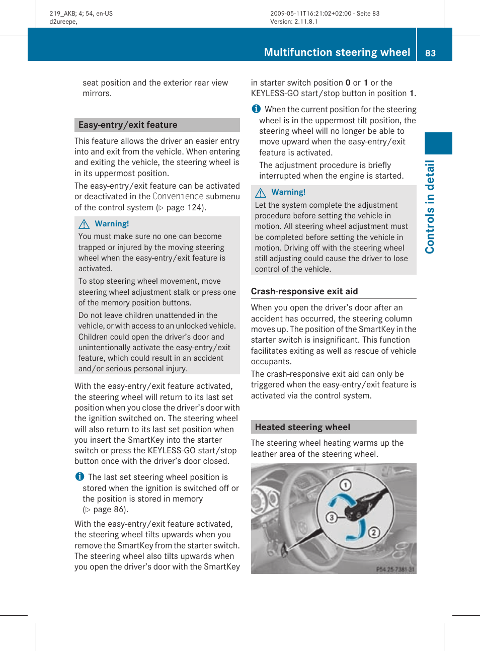 Easy-entry/exit feature, Heated steering wheel, Controls in detail | Multifunction steering wheel | Mercedes-Benz CLS-Class 2011 Owners Manual User Manual | Page 85 / 308