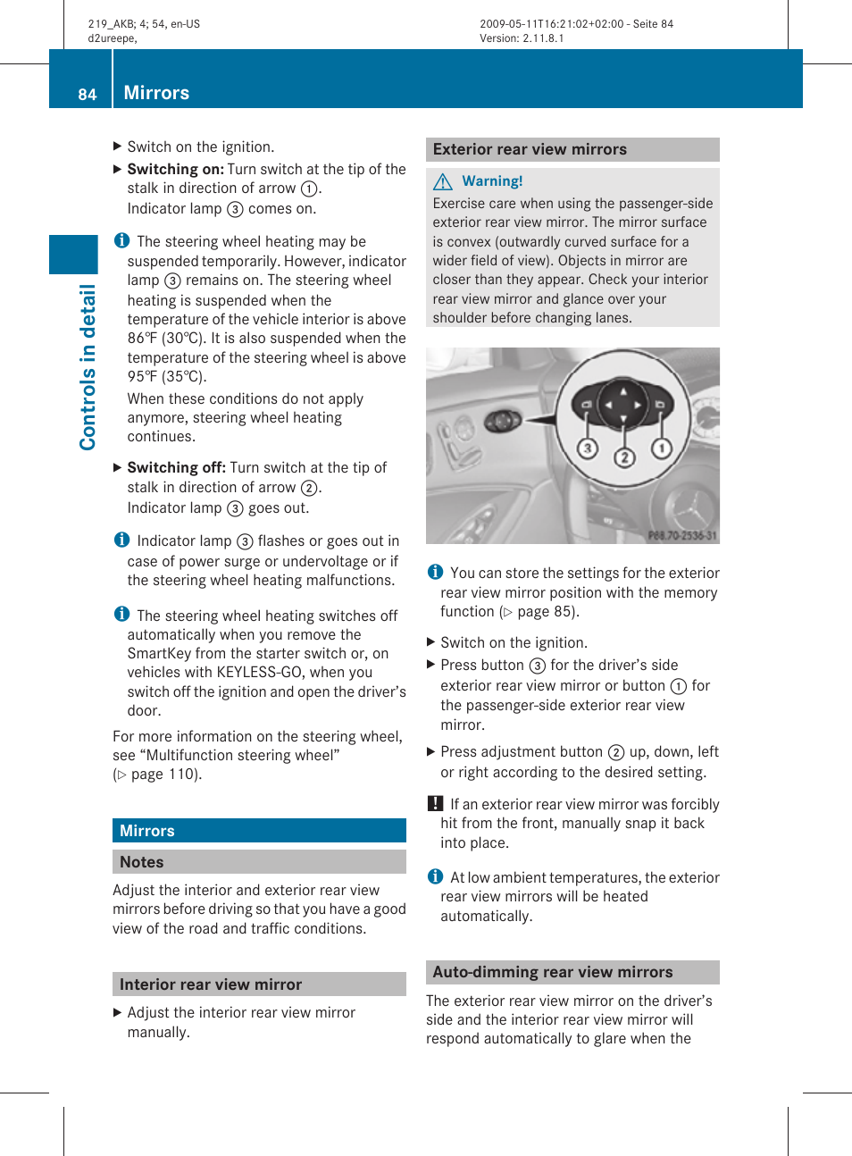 Mirrors, Notes, Interior rear view mirror | Exterior rear view mirrors, Auto-dimming rear view mirrors, Controls in detail | Mercedes-Benz CLS-Class 2011 Owners Manual User Manual | Page 86 / 308