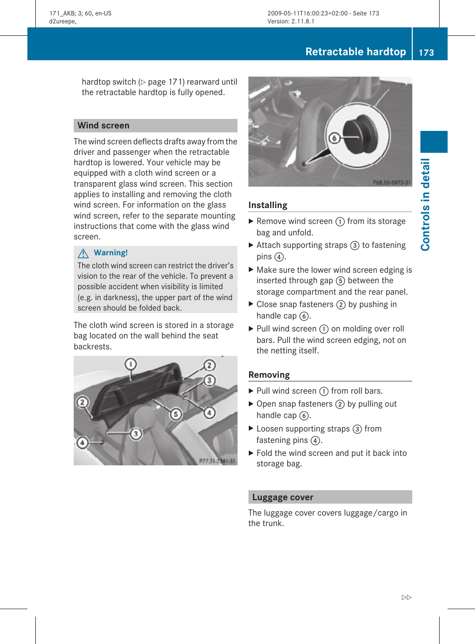 Wind screen, Luggage cover, Close the luggage cover | Controls in detail, Retractable hardtop | Mercedes-Benz SLK-Class 2010 Owners Manual User Manual | Page 175 / 312