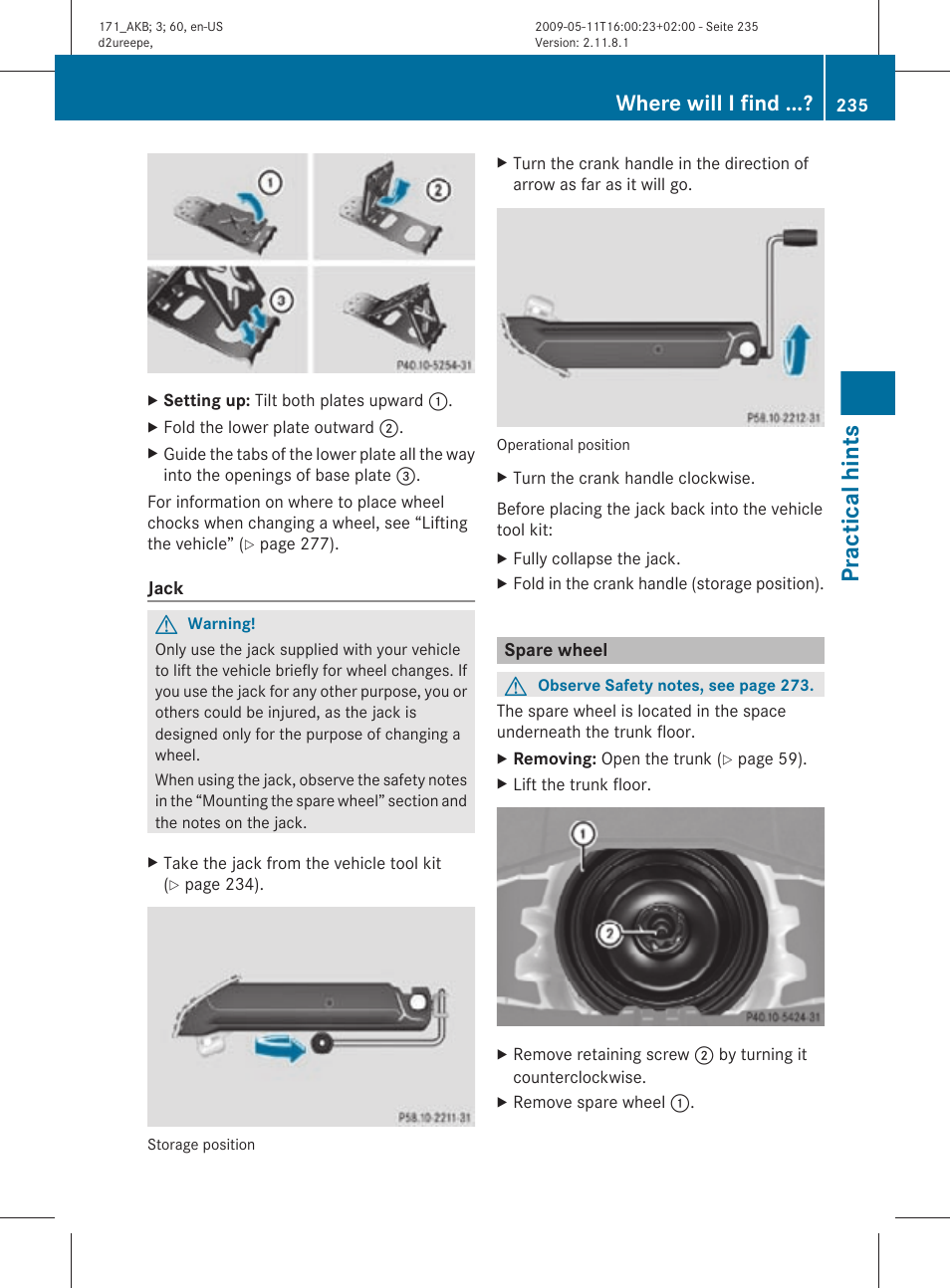 Spare wheel, Practical hints, Where will i find | Mercedes-Benz SLK-Class 2010 Owners Manual User Manual | Page 237 / 312