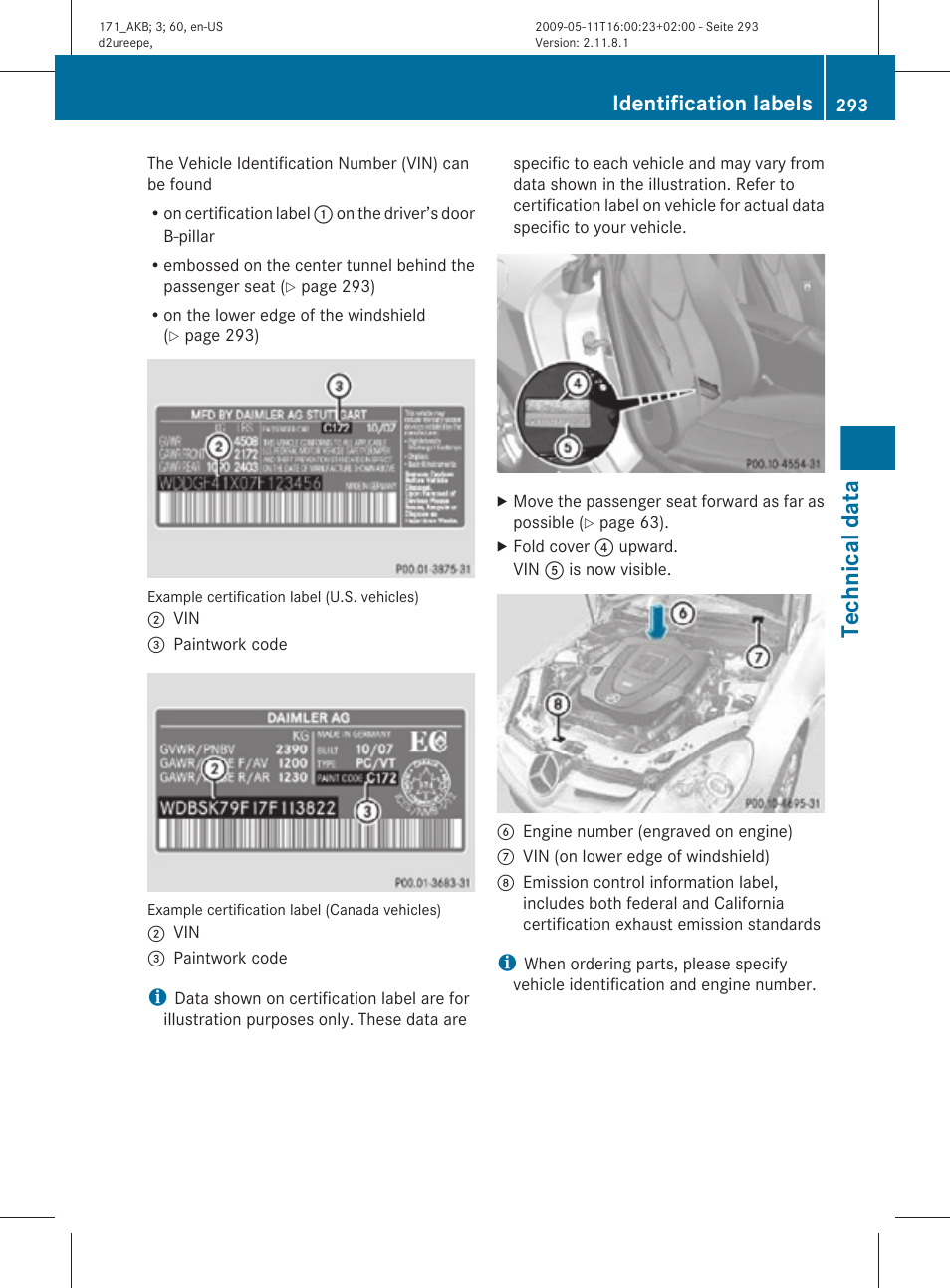 Technical data, Identification labels | Mercedes-Benz SLK-Class 2010 Owners Manual User Manual | Page 295 / 312