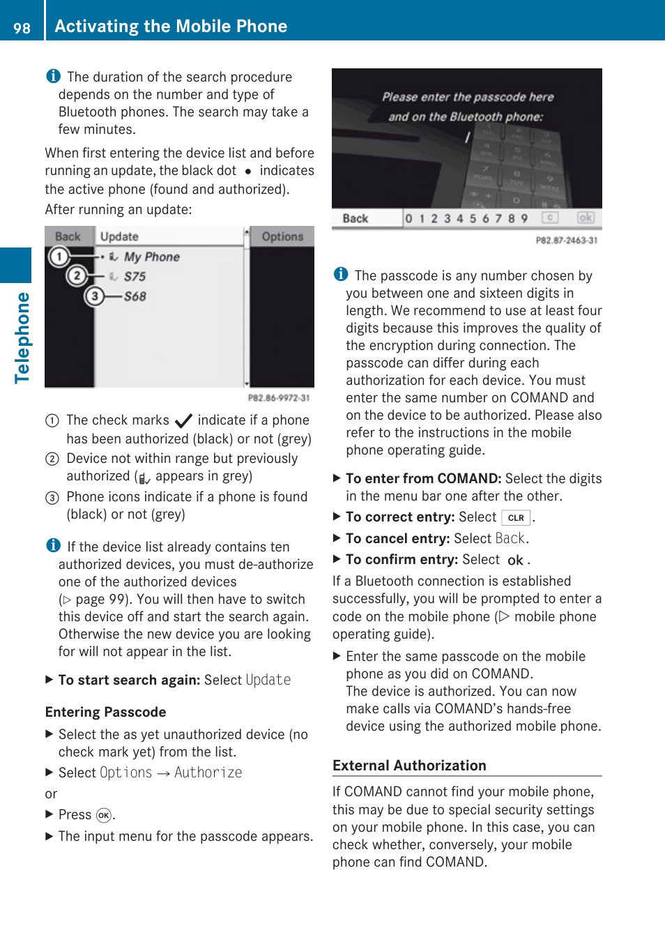 Telephone, Activating the mobile phone | Mercedes-Benz G-Class 2010 COMAND Manual User Manual | Page 100 / 224