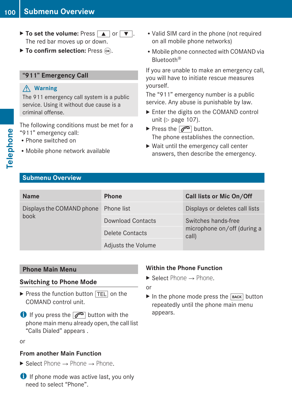 911” emergency call, Submenu overview, Phone main menu | Telephone | Mercedes-Benz G-Class 2010 COMAND Manual User Manual | Page 102 / 224