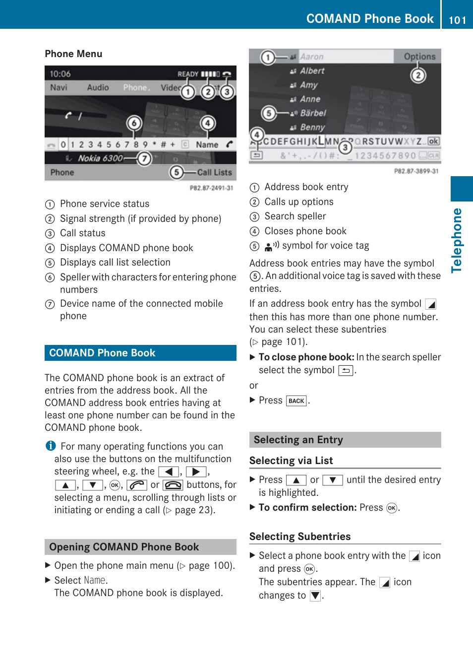Comand phone book, Opening comand phone book, Selecting an entry | Telephone | Mercedes-Benz G-Class 2010 COMAND Manual User Manual | Page 103 / 224