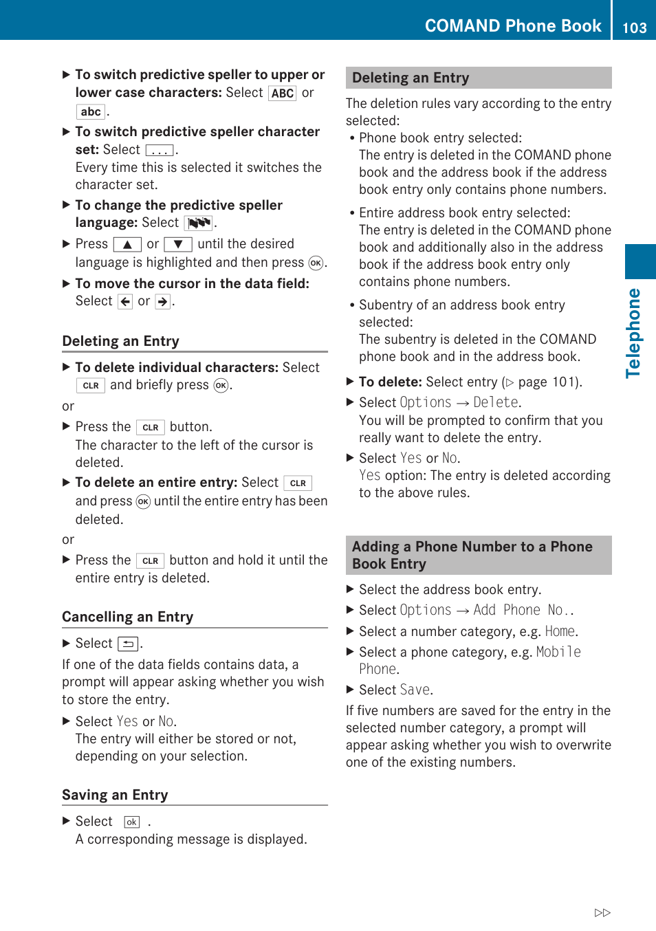 Deleting an entry, Adding a phone number to a phone book entry, Telephone | Comand phone book | Mercedes-Benz G-Class 2010 COMAND Manual User Manual | Page 105 / 224