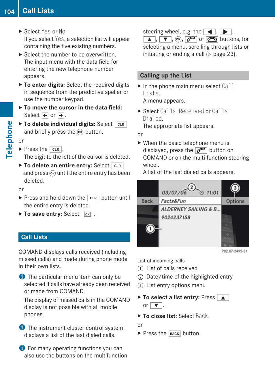 Call lists, Calling up the list, Telephone | Mercedes-Benz G-Class 2010 COMAND Manual User Manual | Page 106 / 224