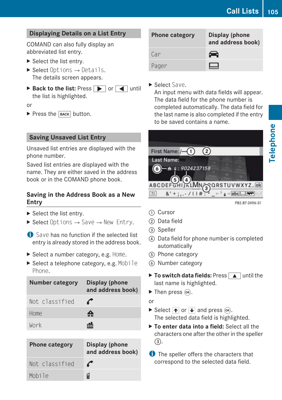 Displaying details on a list entry, Saving unsaved list entry, Telephone | Call lists | Mercedes-Benz G-Class 2010 COMAND Manual User Manual | Page 107 / 224