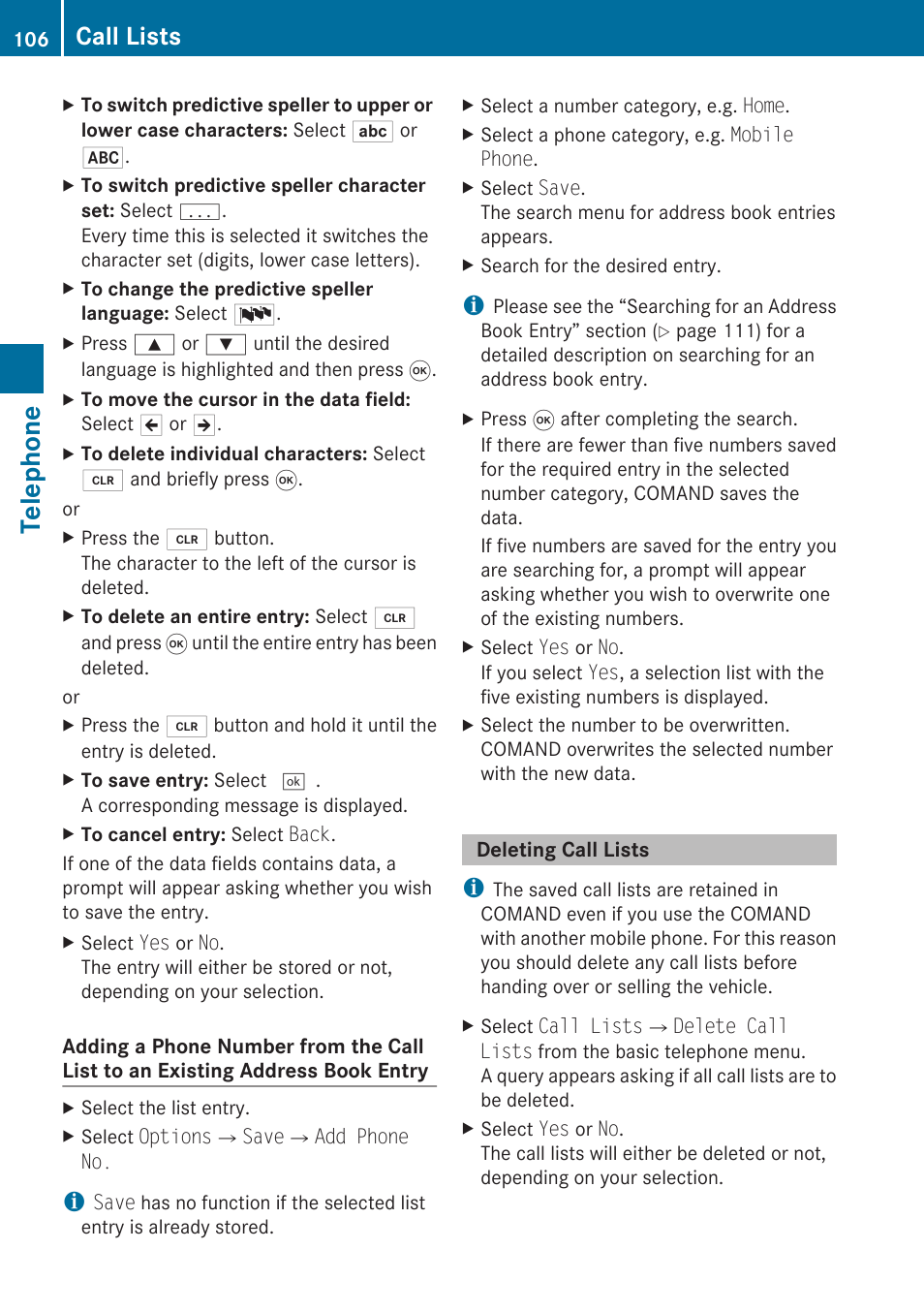 Deleting call lists, Telephone, Call lists | Mercedes-Benz G-Class 2010 COMAND Manual User Manual | Page 108 / 224