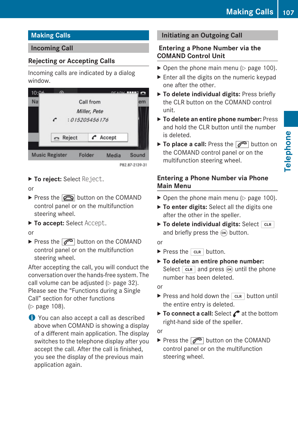 Making calls, Incoming call, Initiating an outgoing call | Telephone | Mercedes-Benz G-Class 2010 COMAND Manual User Manual | Page 109 / 224