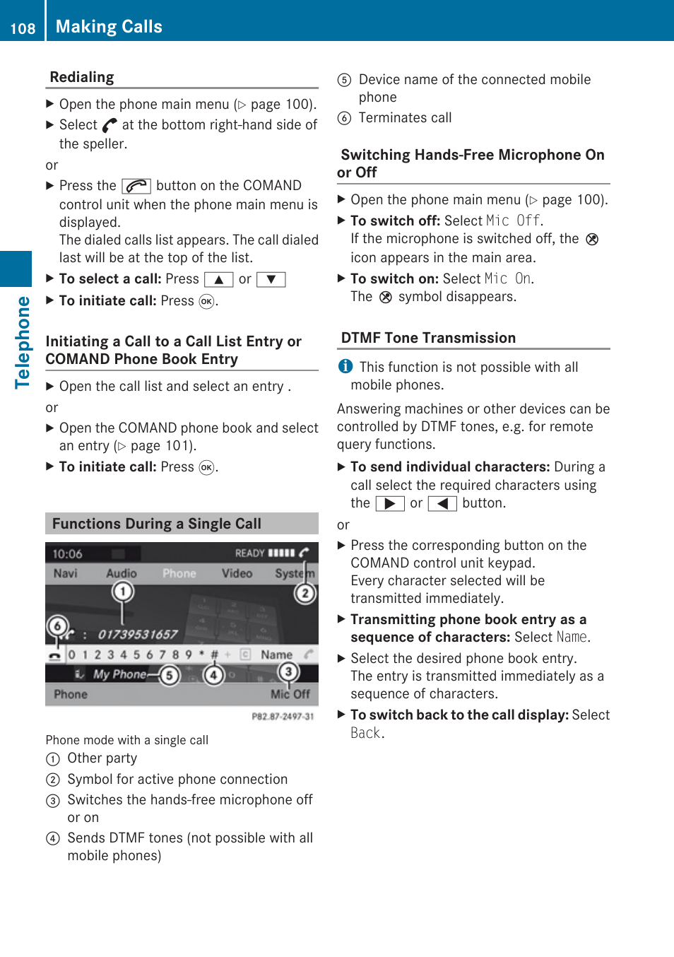 Functions during a single call, Telephone, Making calls | Mercedes-Benz G-Class 2010 COMAND Manual User Manual | Page 110 / 224