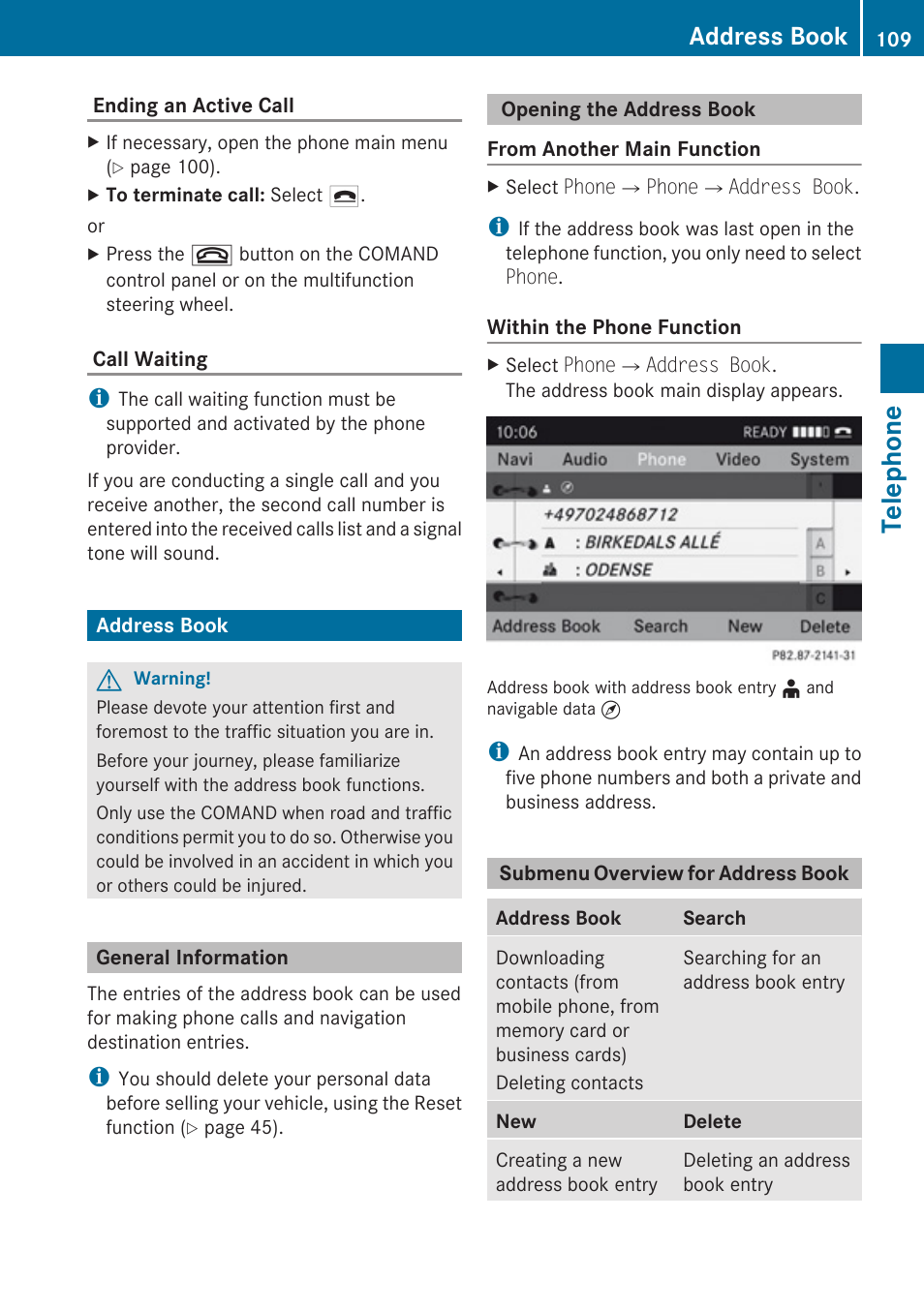 Address book, General information, Opening the address book | Submenu overview for address book, Telephone | Mercedes-Benz G-Class 2010 COMAND Manual User Manual | Page 111 / 224