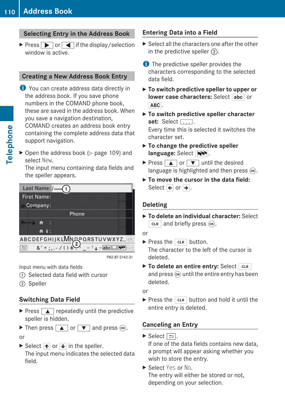 Selecting entry in the address book, Creating a new address book entry, Telephone | Address book | Mercedes-Benz G-Class 2010 COMAND Manual User Manual | Page 112 / 224