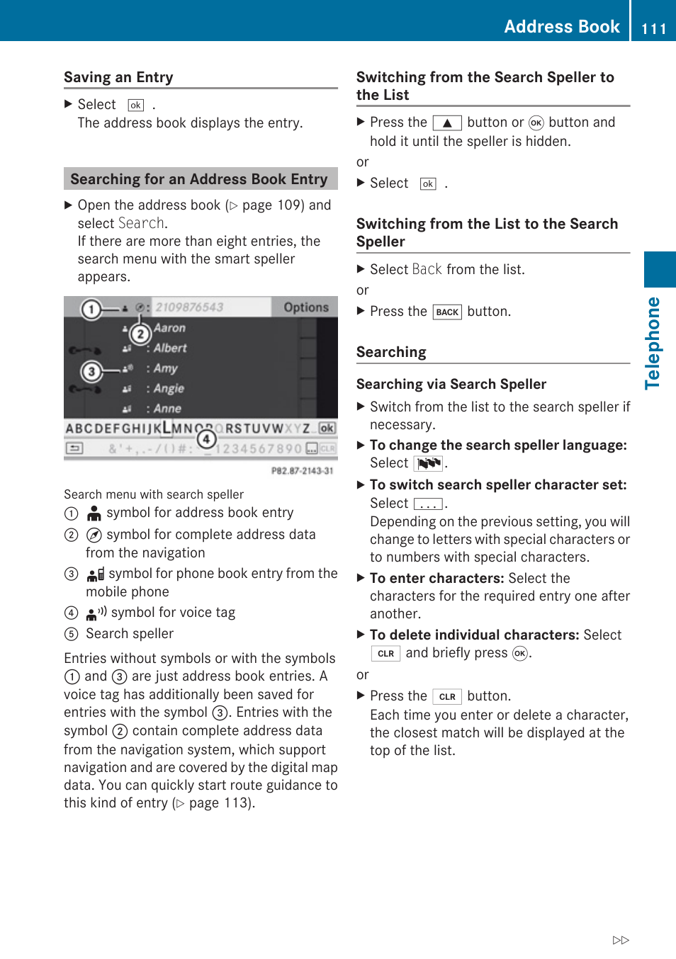 Searching for an address book entry, Telephone, Address book | Mercedes-Benz G-Class 2010 COMAND Manual User Manual | Page 113 / 224
