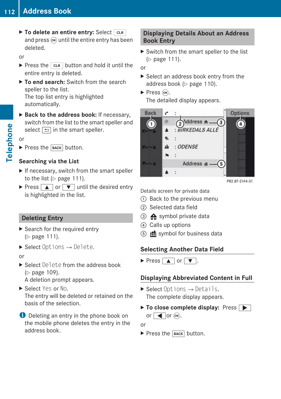 Deleting entry, Displaying details about an address book entry, Telephone | Address book | Mercedes-Benz G-Class 2010 COMAND Manual User Manual | Page 114 / 224