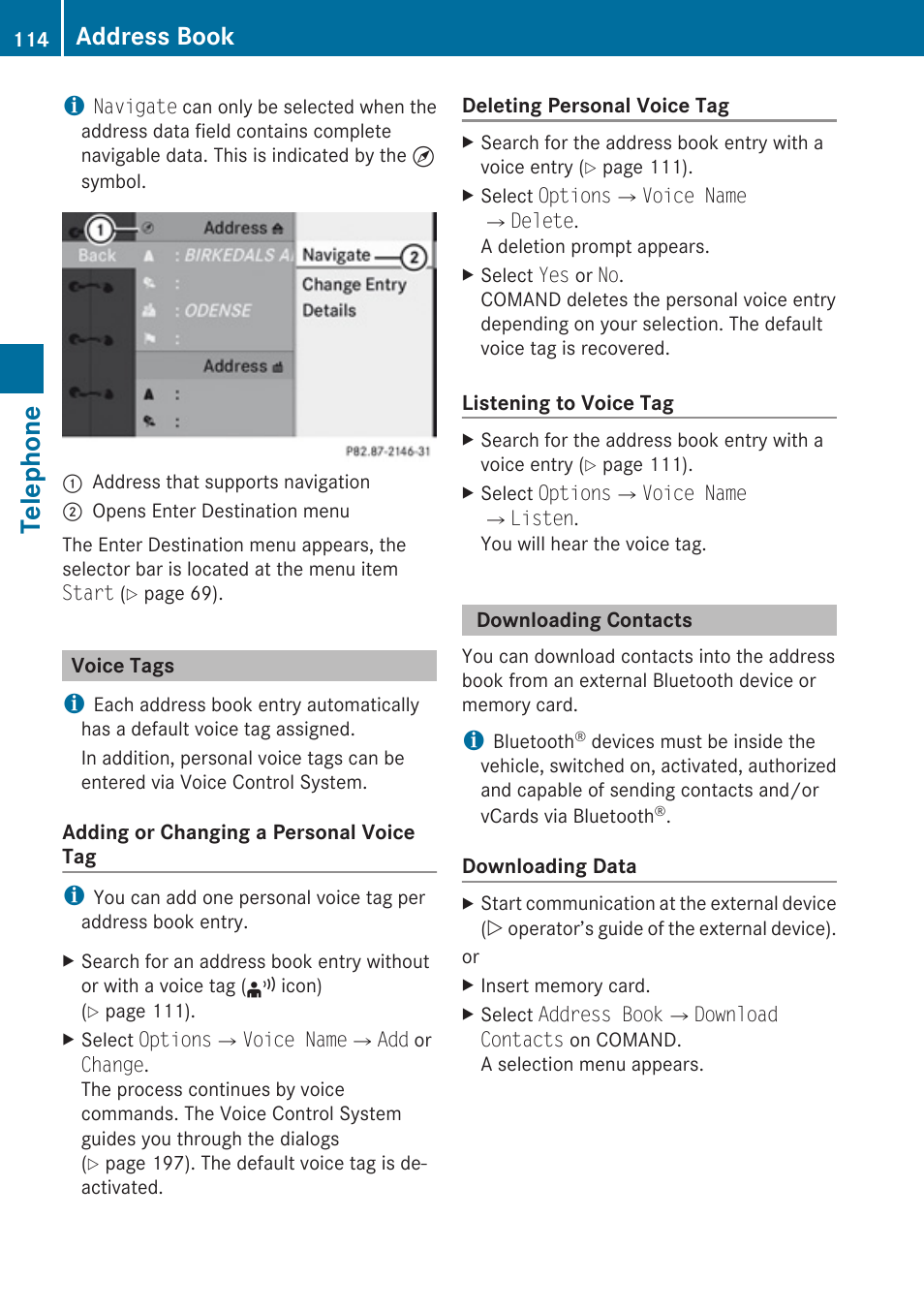 Voice tags, Downloading contacts, Telephone | Address book | Mercedes-Benz G-Class 2010 COMAND Manual User Manual | Page 116 / 224