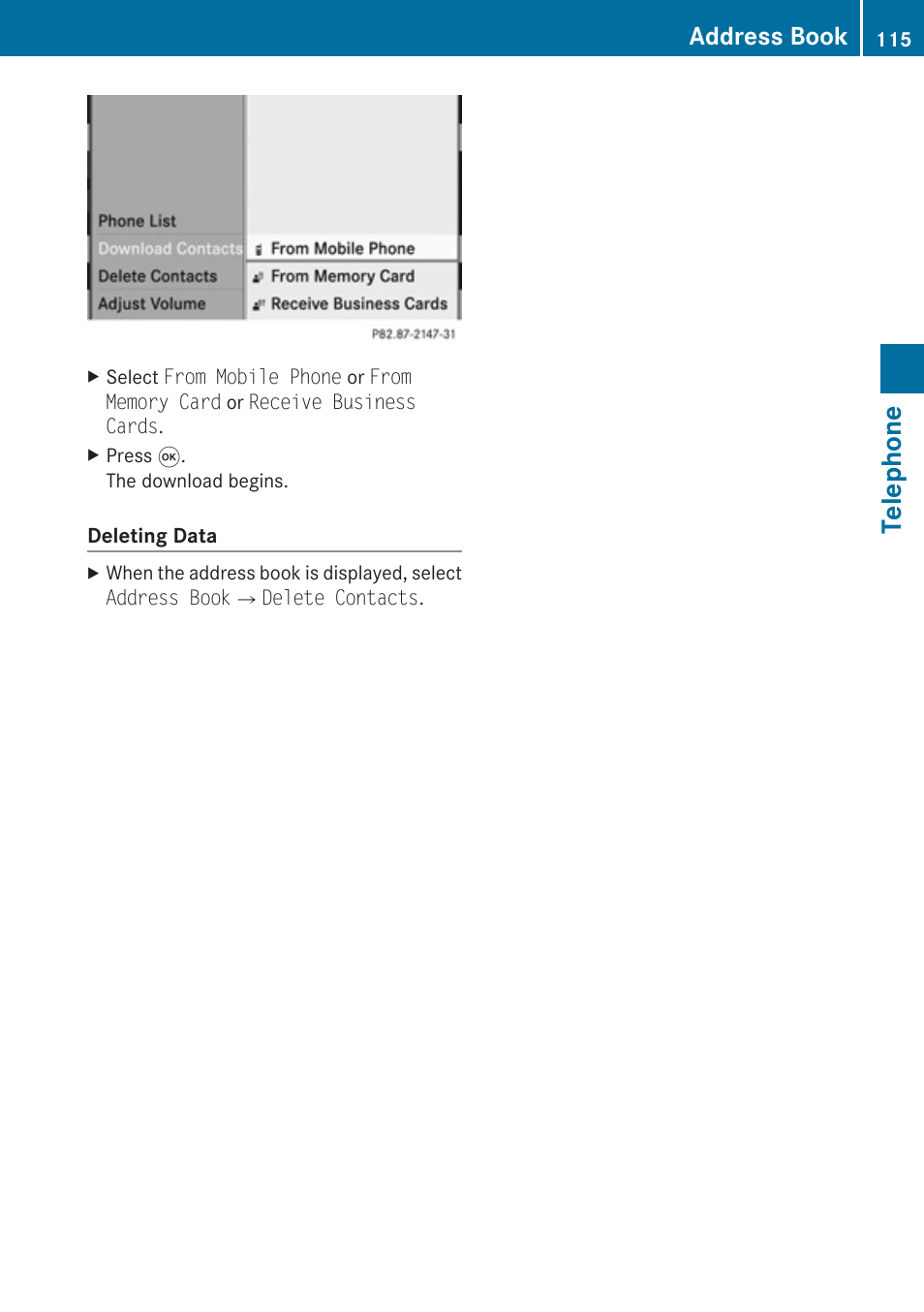 Telephone, Address book | Mercedes-Benz G-Class 2010 COMAND Manual User Manual | Page 117 / 224