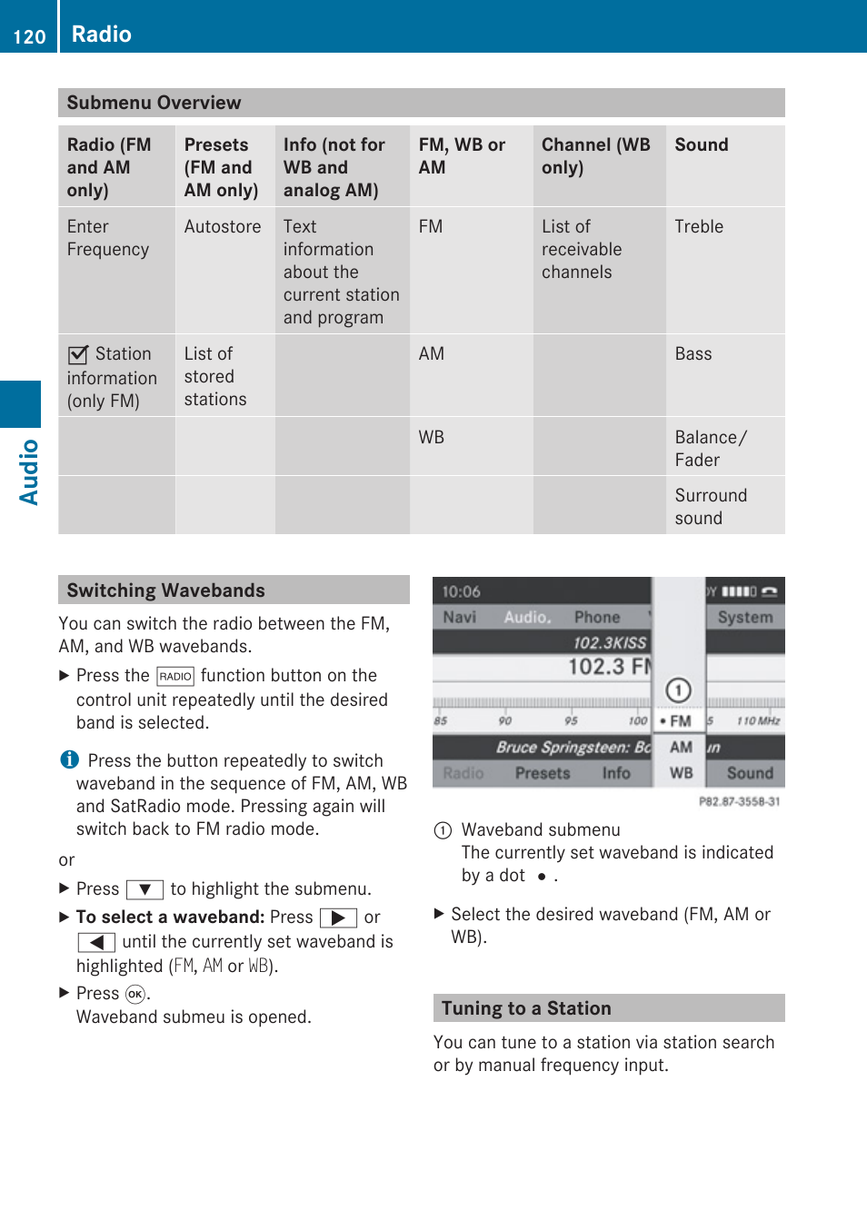 Submenu overview, Switching wavebands, Tuning to a station | Audio, Radio | Mercedes-Benz G-Class 2010 COMAND Manual User Manual | Page 122 / 224