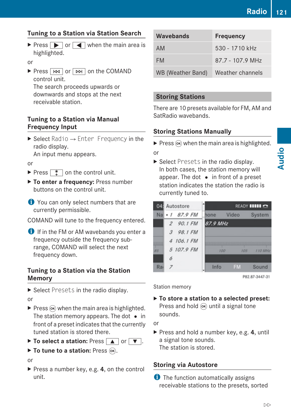 Storing stations, Audio, Radio | Mercedes-Benz G-Class 2010 COMAND Manual User Manual | Page 123 / 224